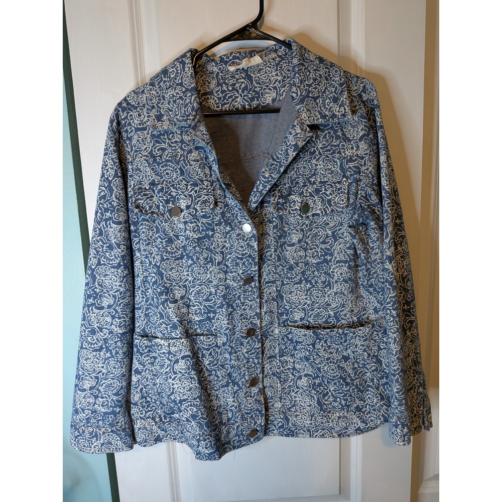 Solitaire Blue Floral Paisley Denim Chore Jacket Womens Medium Button Front
